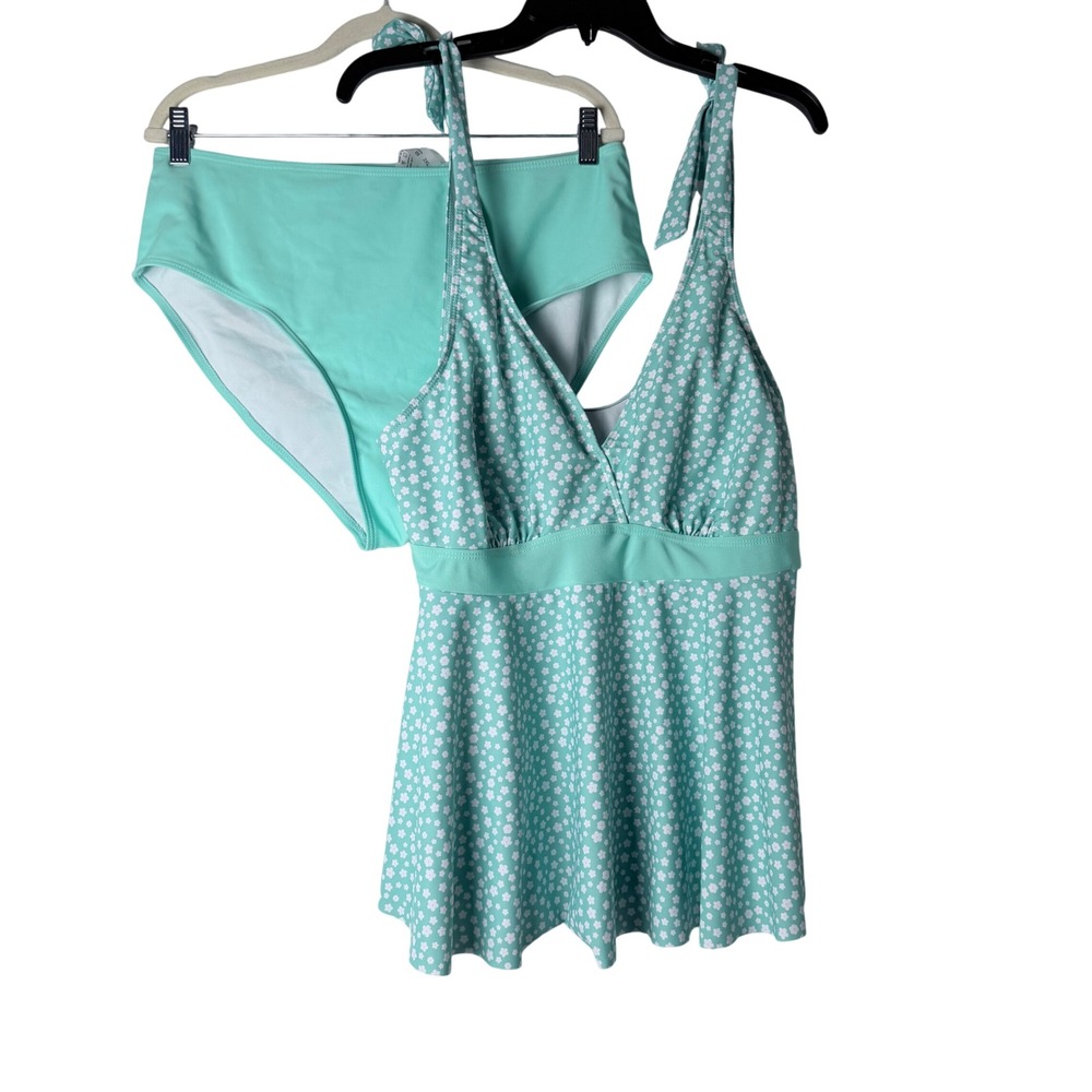 Tankini Set Women 2XL Mint Green Floral Tie Retro Skirted Swimsuit
